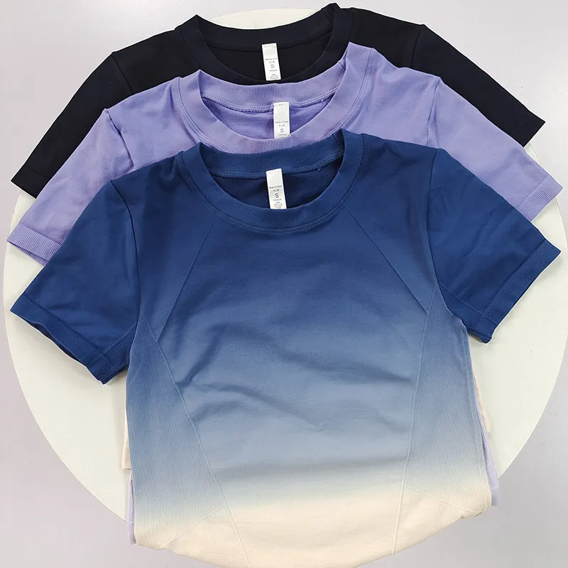 Summer Gradient Color Yoga Tops Lightweight Breathable Slim Fit Casual Sports Fitness Short Sleeve
