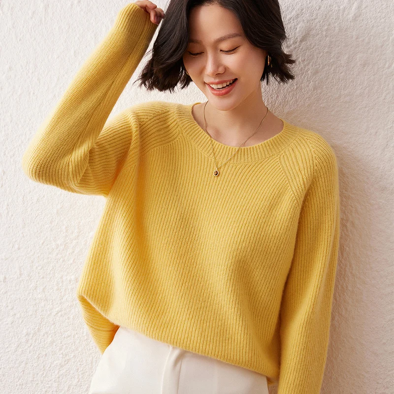 

Корейская версия, утолщенный 100% кашемировый свитер для женщин, вязаная рубашка Yuanbao с круглым вырезом, свободная базовая рубашка с рукавами реглан