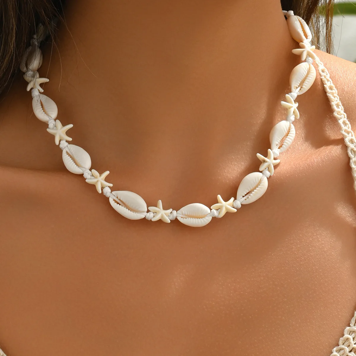 Collar de Collares de turquesa con conchas bohemias, Gargantilla de Collares ajustables para vacaciones en la playa tejida a mano con estrella de mar Natural de verano