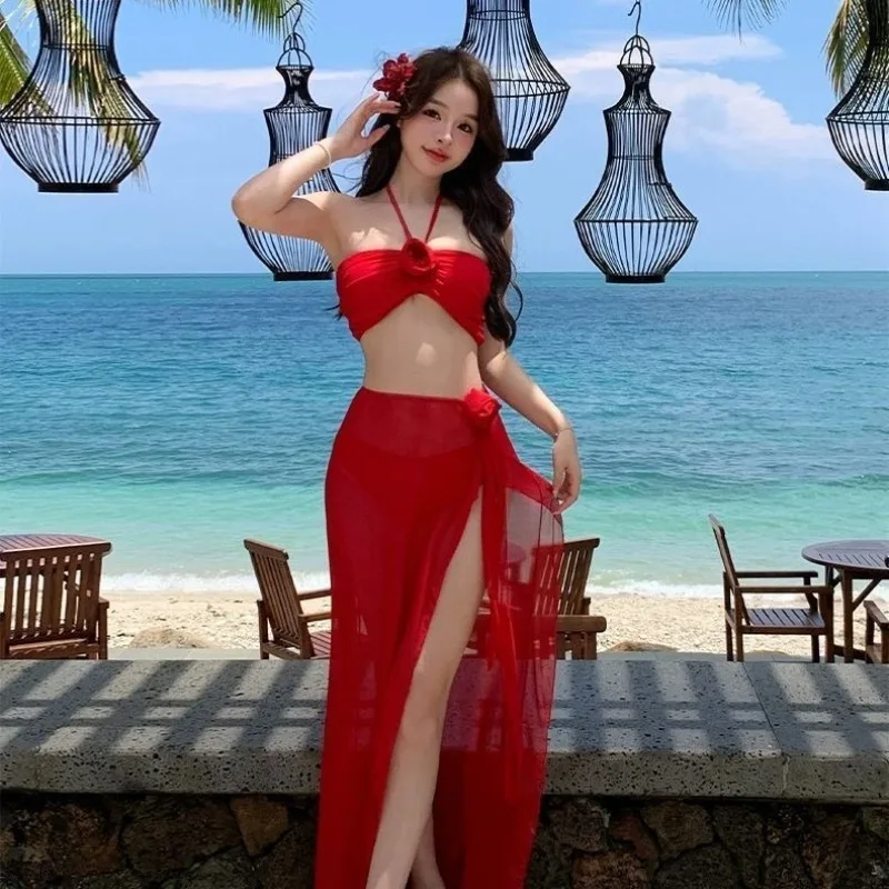 

Women's Bikini Set With Rose Applique Sheer High Slit Maxi Cover Up Skirt Sexy Summer Beach Vacation Bathing Suit Swimwear