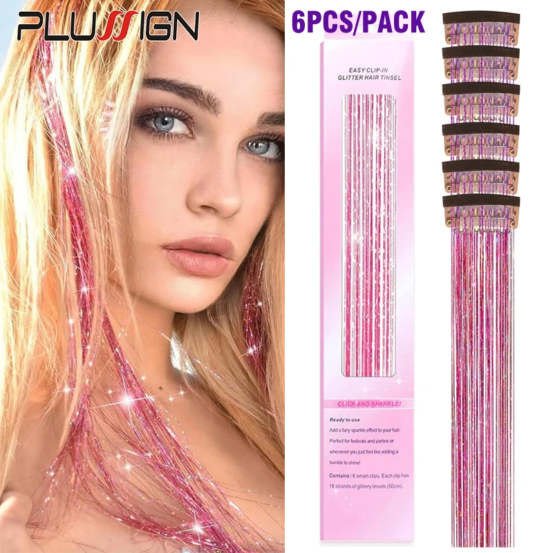 Plussign Shiny Hair Extensions With Hair Clips 50Cm Long Straight Easy Clip In Hair Tinsel Women Girls Headwear Rainbow Color