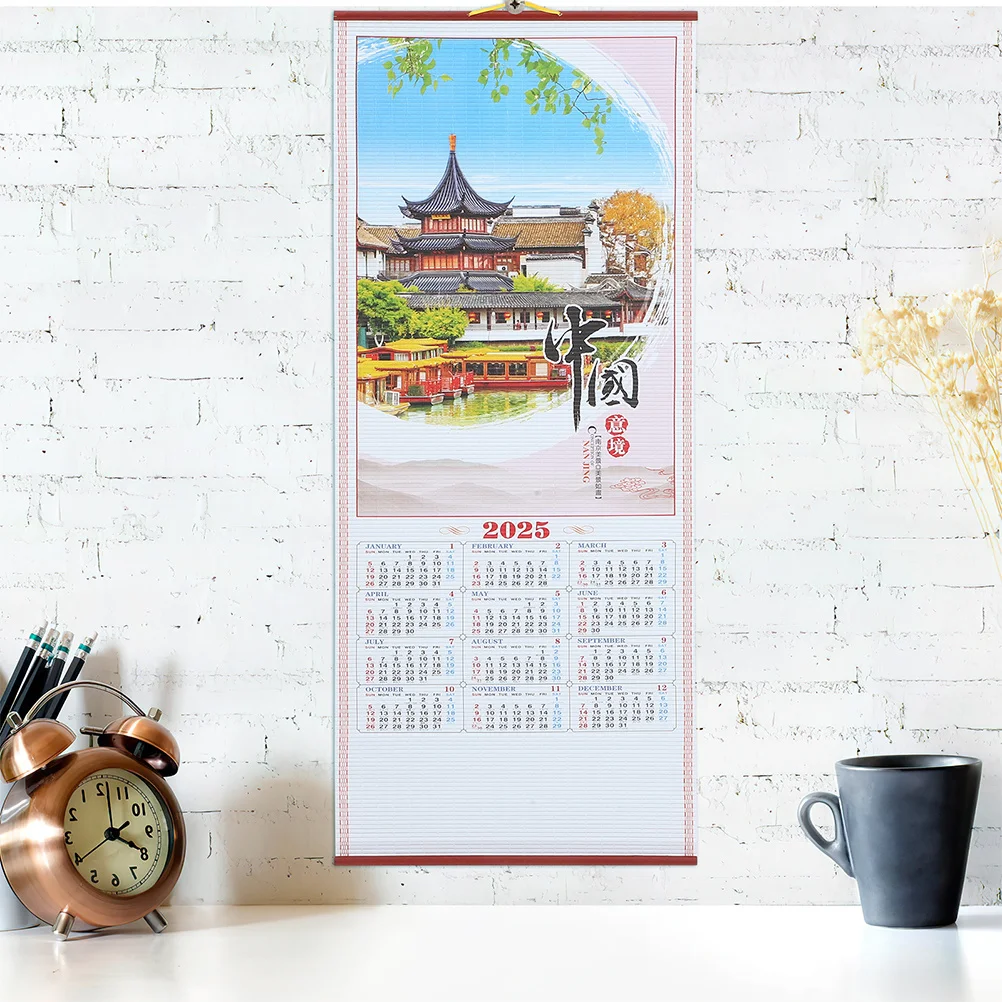 

2Pcs Year of The Snake Imitation Rattan Wall Scroll Calendar 2025 Traditional Lunar Monthly Planner Spring Festival Home Office