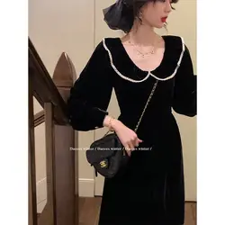 Black Temperament Mid Length Dress For Women's Autumn And Winter New Velvet Slim Fit Flip Collar Dress