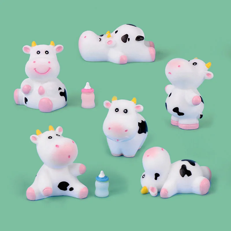 4pcs Cow Milk Baby Bottle Figurine Cartoon Animal Model Landscape Dollhouse Home Miniature Fairy Garden Decoration Accessories