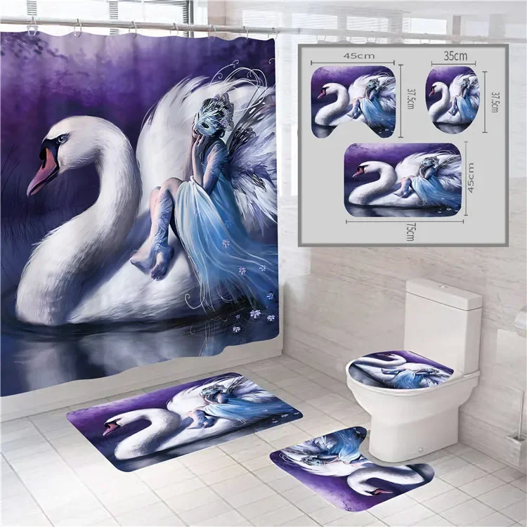 4 Pcs Bathroom Shower Curtain Sets with Non-Slip Rugs, Toilet Lid Cover and Bath Mat,Durable Waterproof Bath Curtain