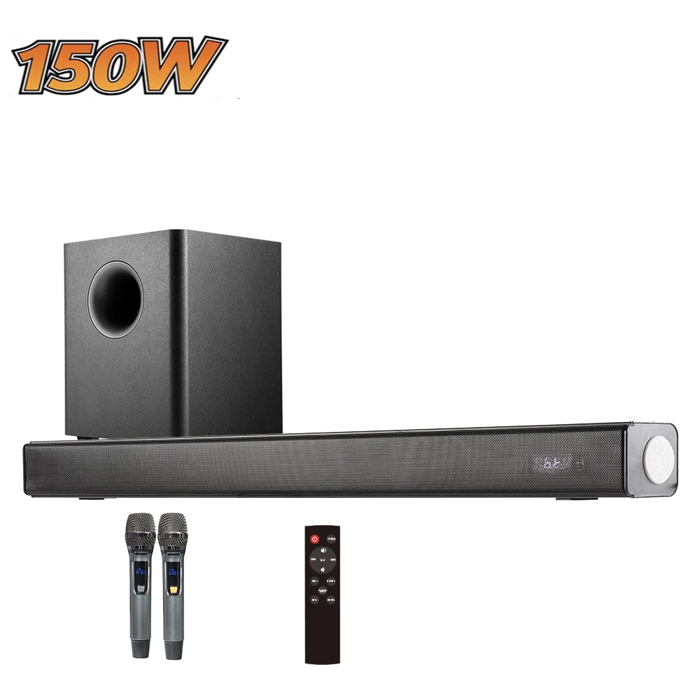 Samtronic Home Theater Karaoke BT V5.0 Soundbar Speaker Wooden Subwoofer TV Sound bar Speaker Wireless UHF Microphone Amplifier
