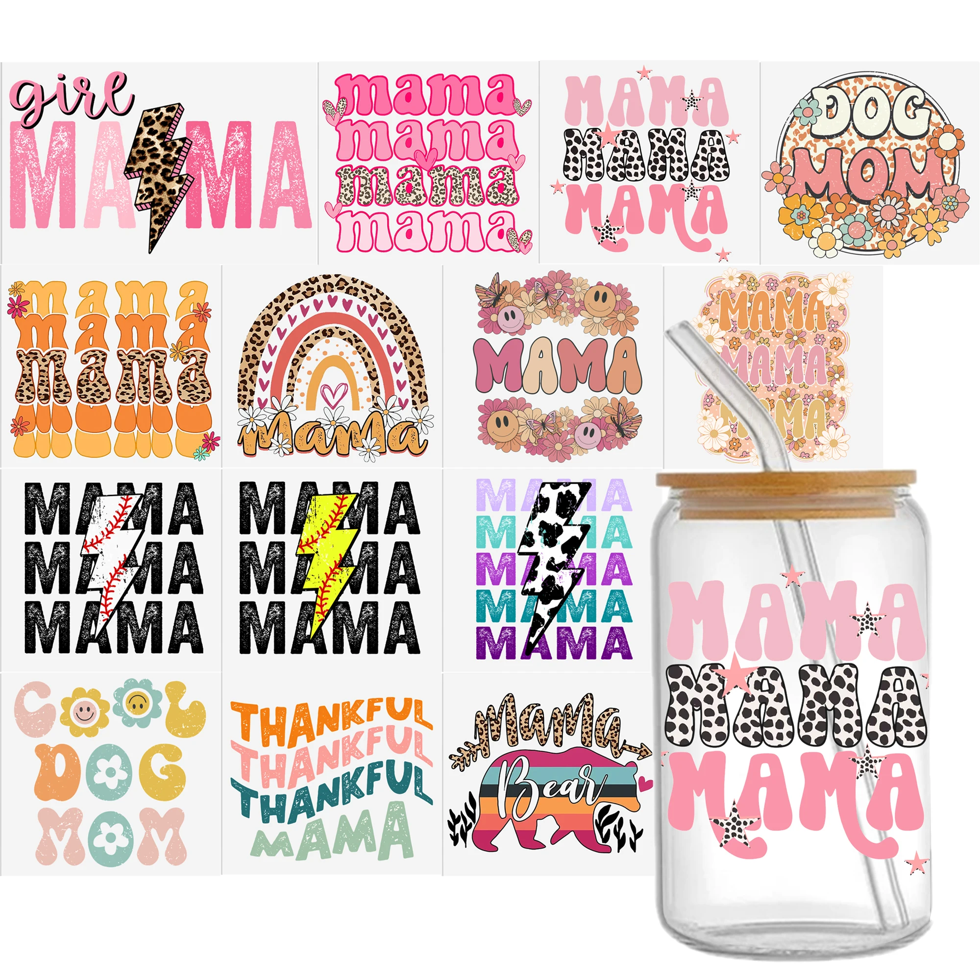 Mama Lightning 16oz DTF Sticker Cups Cool Personalize UV Wrap Transfer Sticker Custom Labels DIY Logo Selfadhesive Waterproof