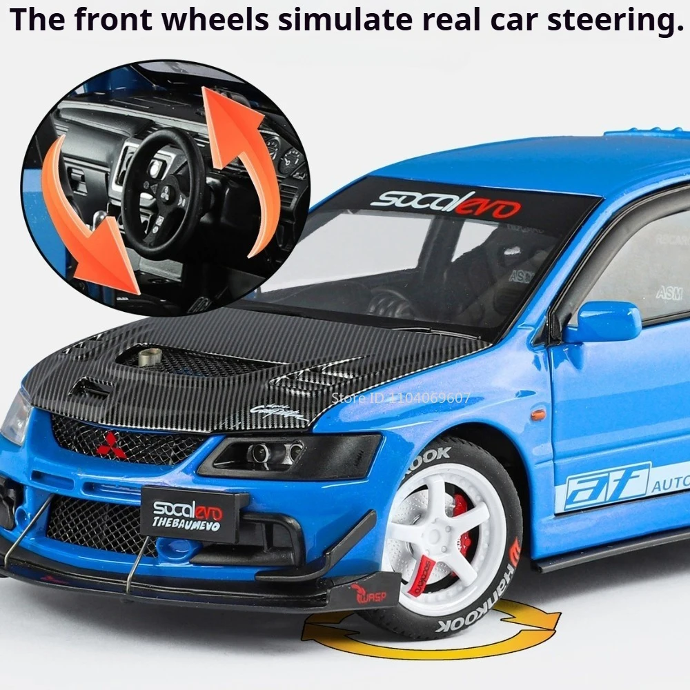 1:24 Toy EVO9 GT Model Supercars Alloy Diecast Sound Light Front Wheel Steering Doors Opened Pull Back Popular Sports Car Toys