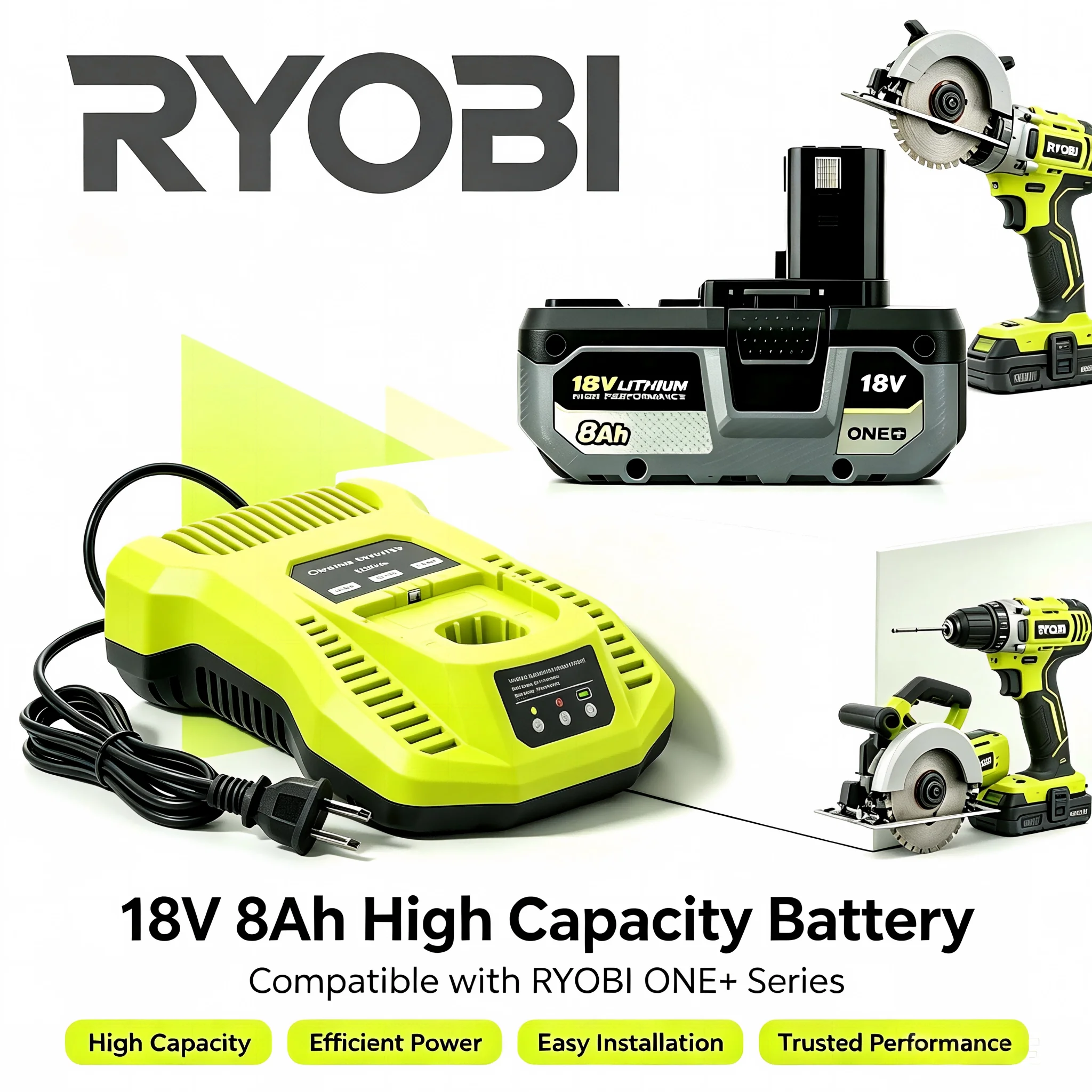 RYOBI ONE+ 18V 8Ah High Capacity Lithium Ion Replacement Battery Compatible with RYOBI ONE+ Cordless Power Tools Long