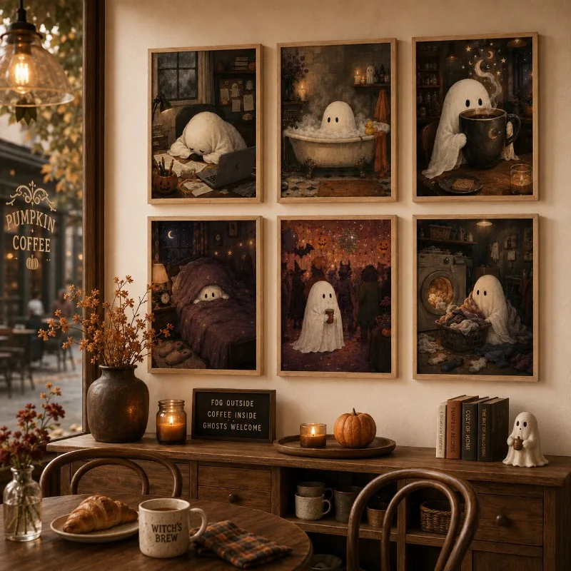 Cute Ghost Wall Art Retro Halloween Canvas Prints Funny Daily Life Spooky Ghost Vintage Home Room Halloween Decor Posters