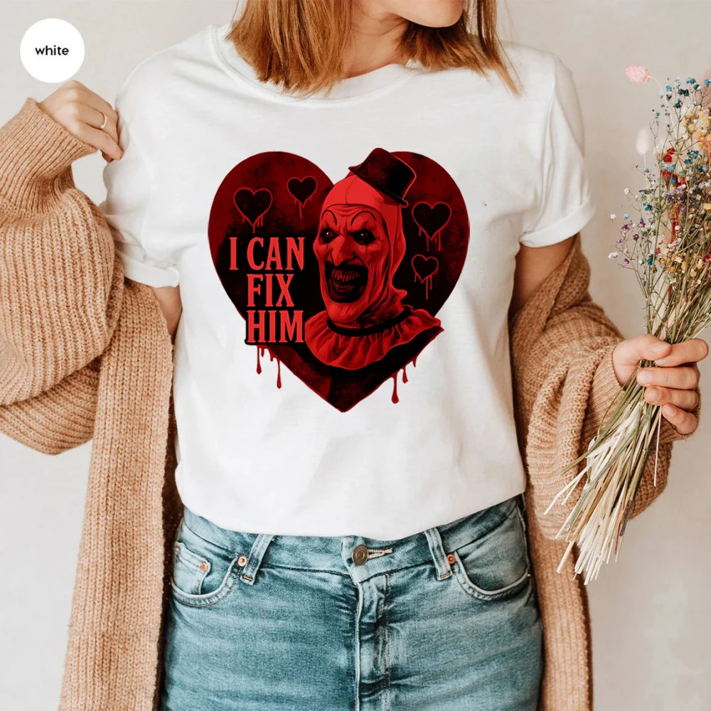 Art The Clown Terrifier T-Shirt Scary Horror Clown Creepy Heart Graphic Tee I Can Fix Him Y2k Shirts Unisex Gothic Halloween Top