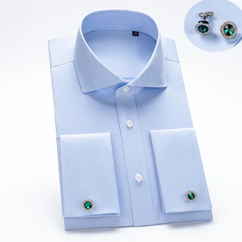 2024 Men\'s Shirt Slim Fit Windsor Neck Long sleeved High Quality Cotton Anti wrinkle and Non iron Cufflinks White Shirt