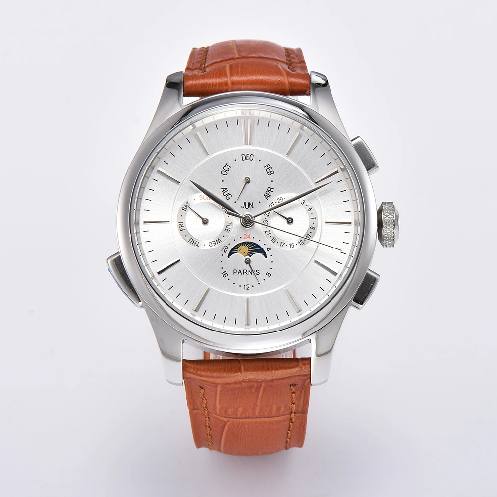 Parnis 45 mm witte wijzerplaat blauwe markeringen herenhorloge automatische mechanische kalender lederen bandhorloges