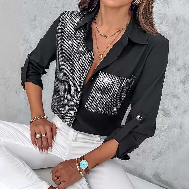 Women's Black Blouses Office Lady Tops Autumn Sequin Patchwork Long-sleeved Shirt Winter 2024 Lapel Loose Single-breasted Tees