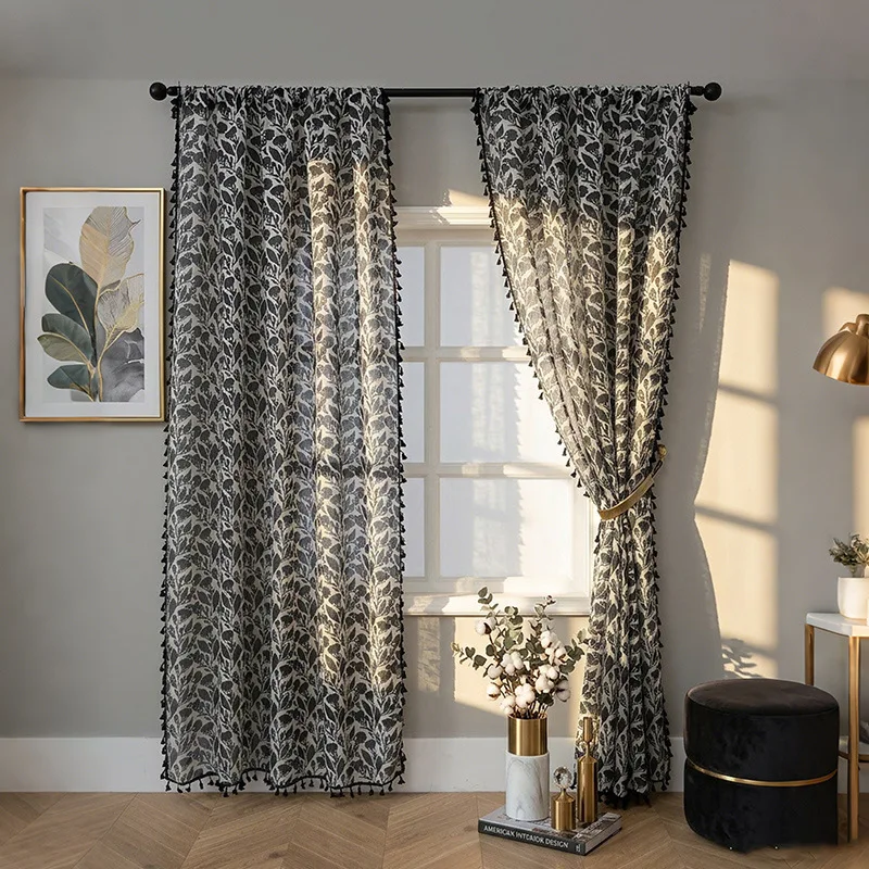New 1/2pcsLinen Countryside Floral Pattern Black Coffee  Lace Curtain Panel - Privacy & Light Filtering, Machine Washable 반차광 커튼