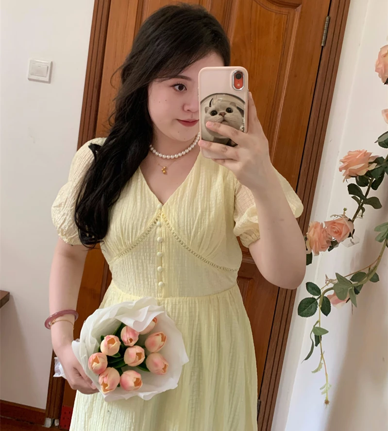 

Summer New plus Size Dress Elegant Sweet Princess Style Cake Skirt V-Neck Slimming Long Dress for plus Size Women