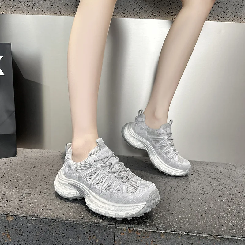 European Station Platform Daddy Shoes Women's New Fashion Versatile Round Head Height Increasing Transparent Net Casual Sneakers