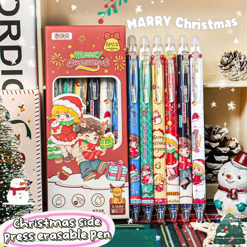 6Pcs Cartoon Cute Christmas Quick Drying Erasable Gel Pens Fashion Smooth Writing Neutral Pens School Supplies Christmas Gifts