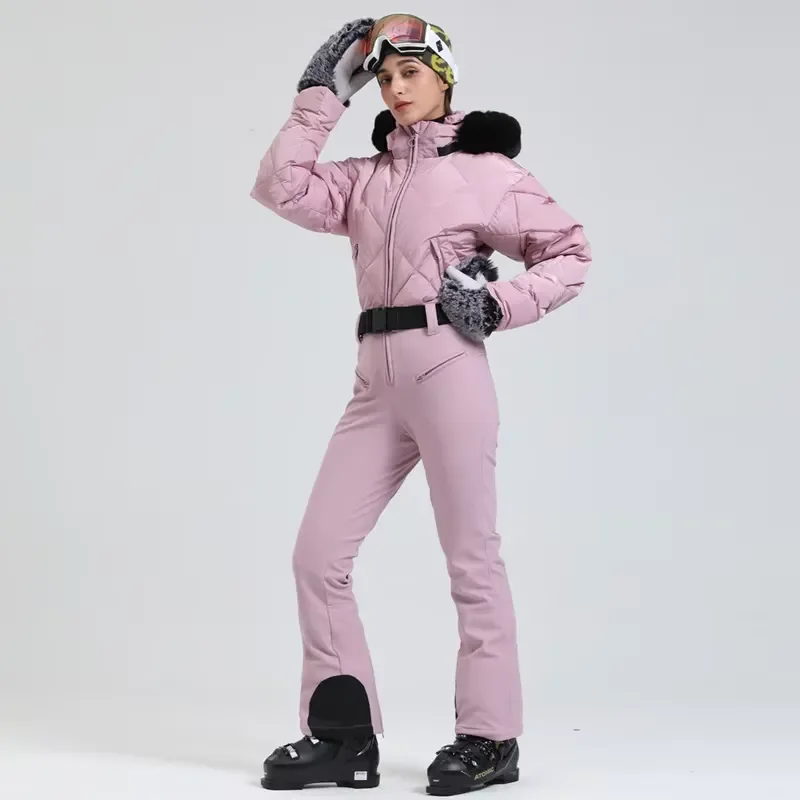 New Women's Hooded Ski Suit Windproof Waterproof Down Warm Outdoor Sports Double Board Foreign Trade One-piece