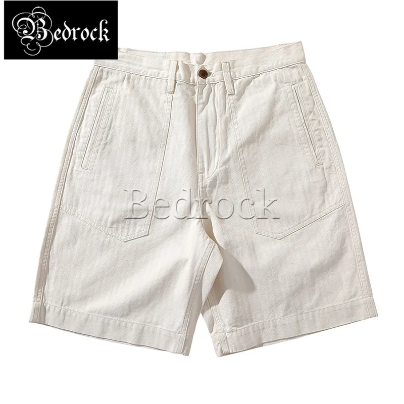 

MBBCAR Men's Beige Herringbone Shorts Hbt Fishbone Vintage Raw Cotton High-waisted Jean Shorts Military Gentlemen Casual Shorts