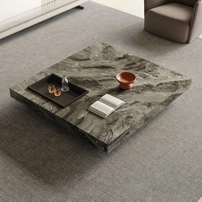 طاولة قهوة إيطالية بسيطة وخفيفة وفاخرة وحديثة وبسيطة من ألواح الصخور وغرفة المعيشة بحجم المنزل وتصميم شقة مربعة #2