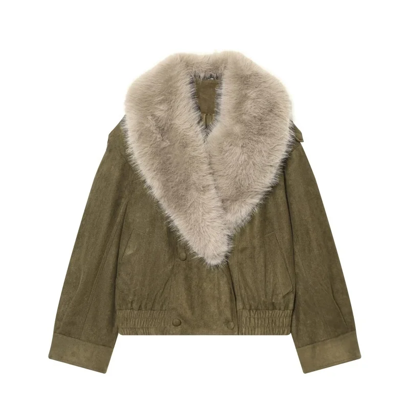 Retro Style Women's Faux Fur Effect Velvet Texture Leather Jacket Outerwear Autumn 2026 Warm Long Sleeve Double Button Closure
