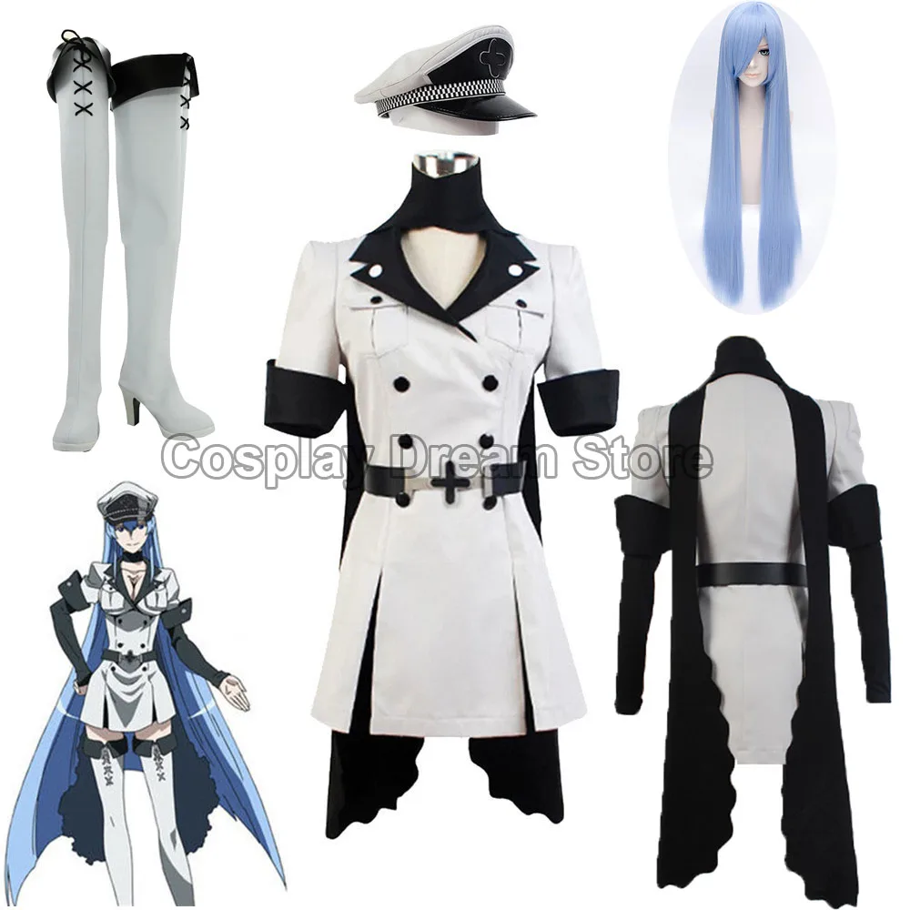 Anime Akame Ga KILL! Esdeath Cosplay Costume Aldult Unisex Sexy Coat Scarf Tie Hat Wig Halloween Rave Party Combat Uniform Suit