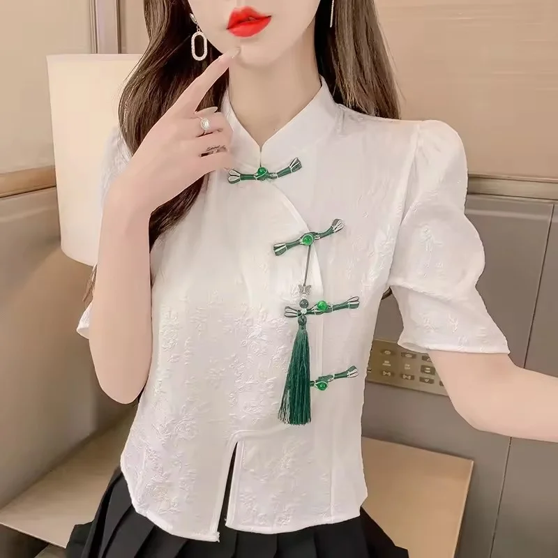 

2025 Summer Chinese-Style Shirts Short Sleeves Women New Coat Sense Design Niche Bubble Sleeve Cardigan Irregular Tops Female