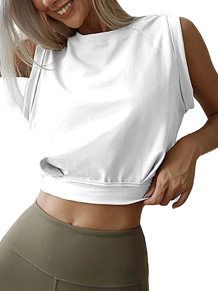 Crop Top Cotton Shirts for Women Cute Sleeveless Yoga Tops Running Gym Workout Shirts Casual Fitness Loose Female T-Shirt