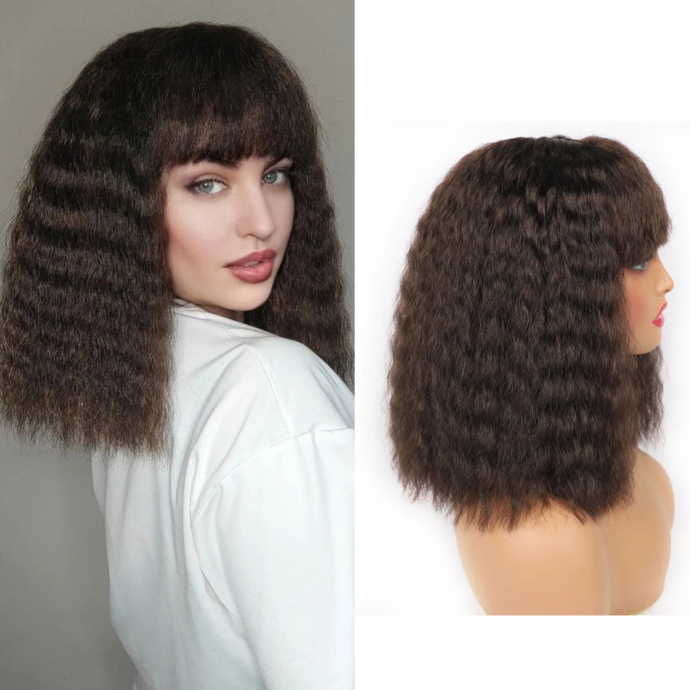 12inch yaki  short Curly Synthetic Wig with Bang Puffy Kinky Curly Synthetic Wig for women  Christmas and Halloween Decorate wig