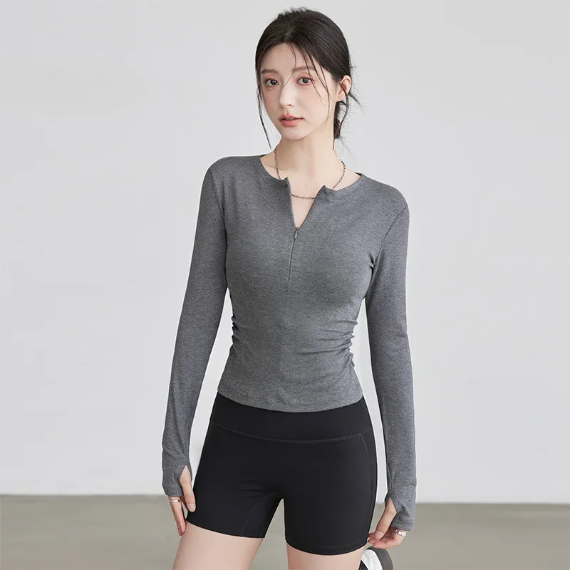 

Женский спортивный топ с длинным рукавом и молнией, облегающий, из эластичной ткани, для йоги, пилатеса, бега и фитнес-тренировок