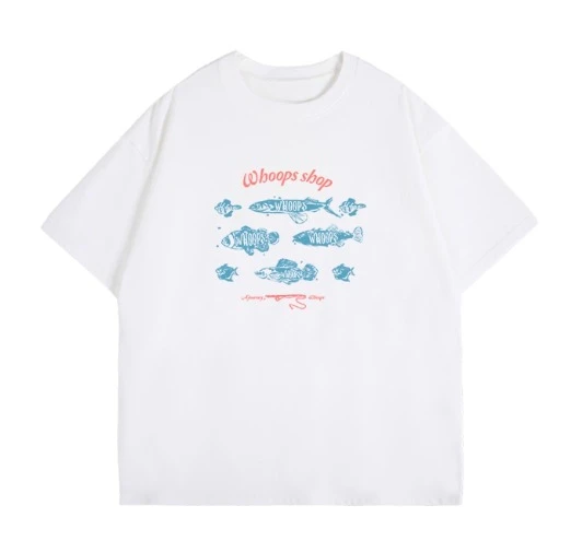 

Модная повседневная футболка из 100% чистого хлопка 2025 года, подходящая для мужчин и женщин с рисунком рыбы и буквенным принтом магазина Whoops