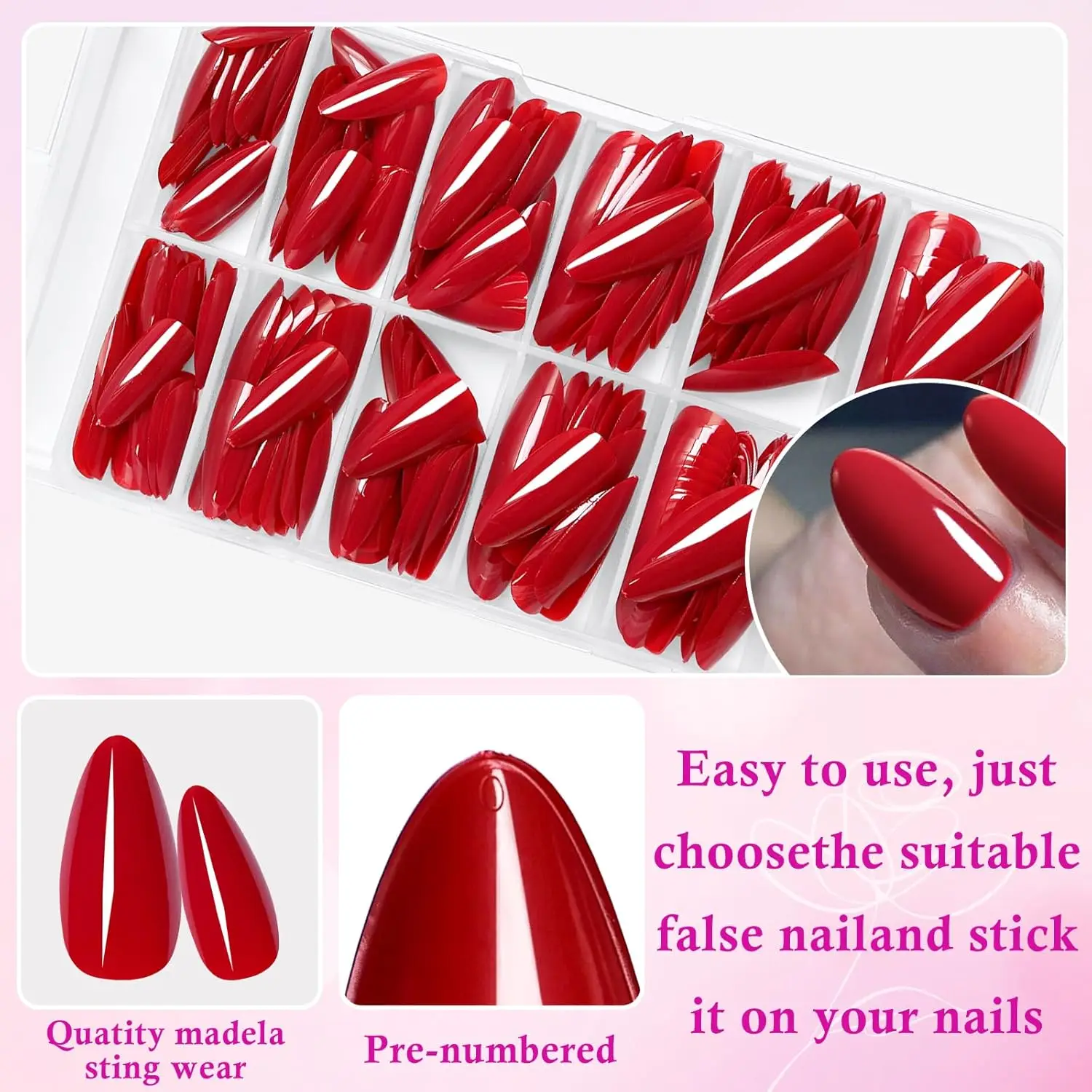 Faux ongles en forme d'amande, couleur unie, rouge moyen, brillant, adapté à un usage quotidien pour femmes et filles, 120 pièces/boîte