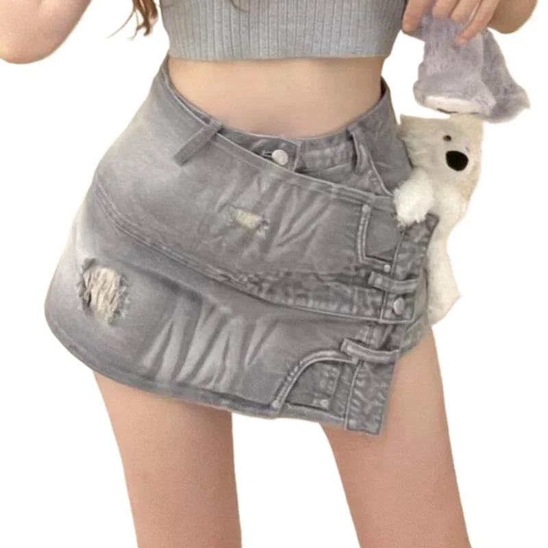 Pant-like Denim Skirt with Irregular Holes in Design; Sexy Spice Girl Dress in Spring and Summer of 2025