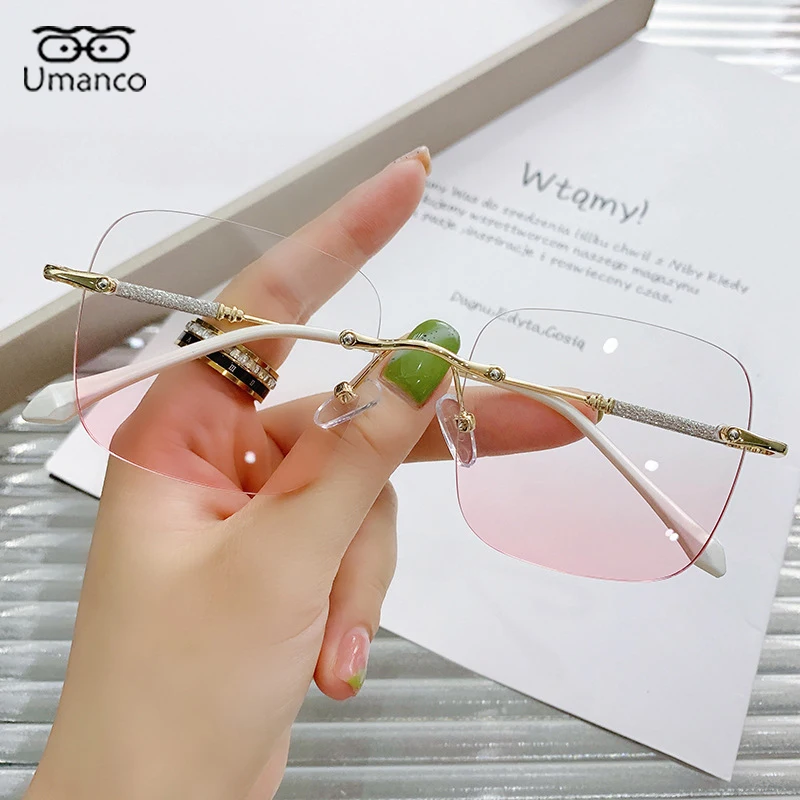 Gradient Pink Lenses Square Rimless Nearsighted Glasses Women Gold Frame Anti Blue Light Computer Glasses Prescription Eyewear