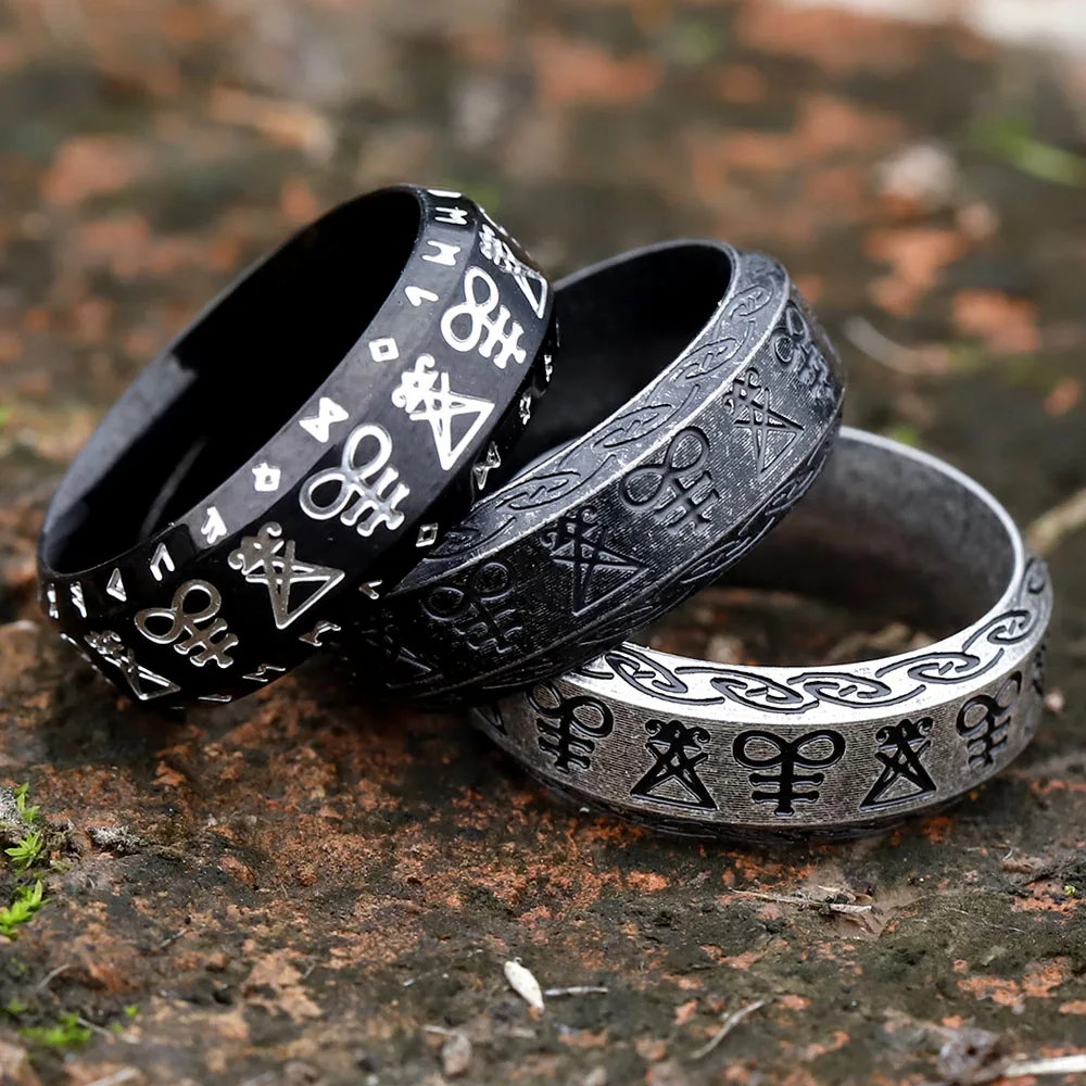 NEW Vintage Gothic Lucifer Satan Seal of Satan Signet Rings Punk Stainless Steel Seal Rings Men and Women Pagan Jewelry