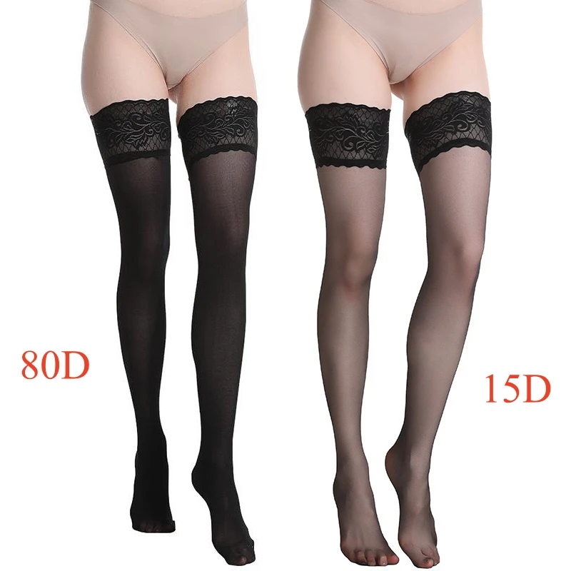 80D Velvet Stretchy Thigh High Stockings Women Sexy Lace Top Silicone Hold Up Medias 15D Ultrathin Transparent Party Socks