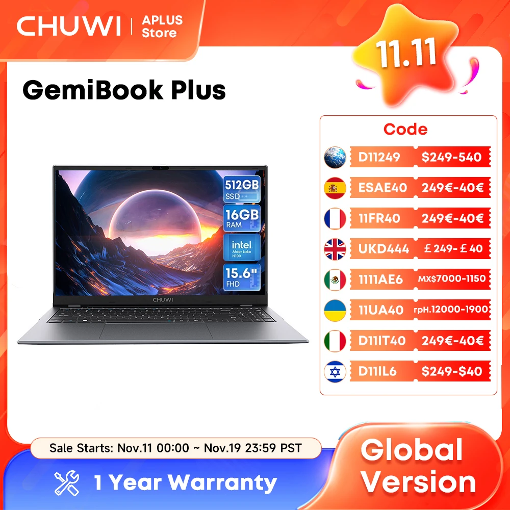 

CHUWI GemiBook Plus Laptop 15.6" Intel N100 Graphics for 12th Gen 1920*1080P 8GB/16GB RAM 256GB/512GB SSD Windows 11 Laptops