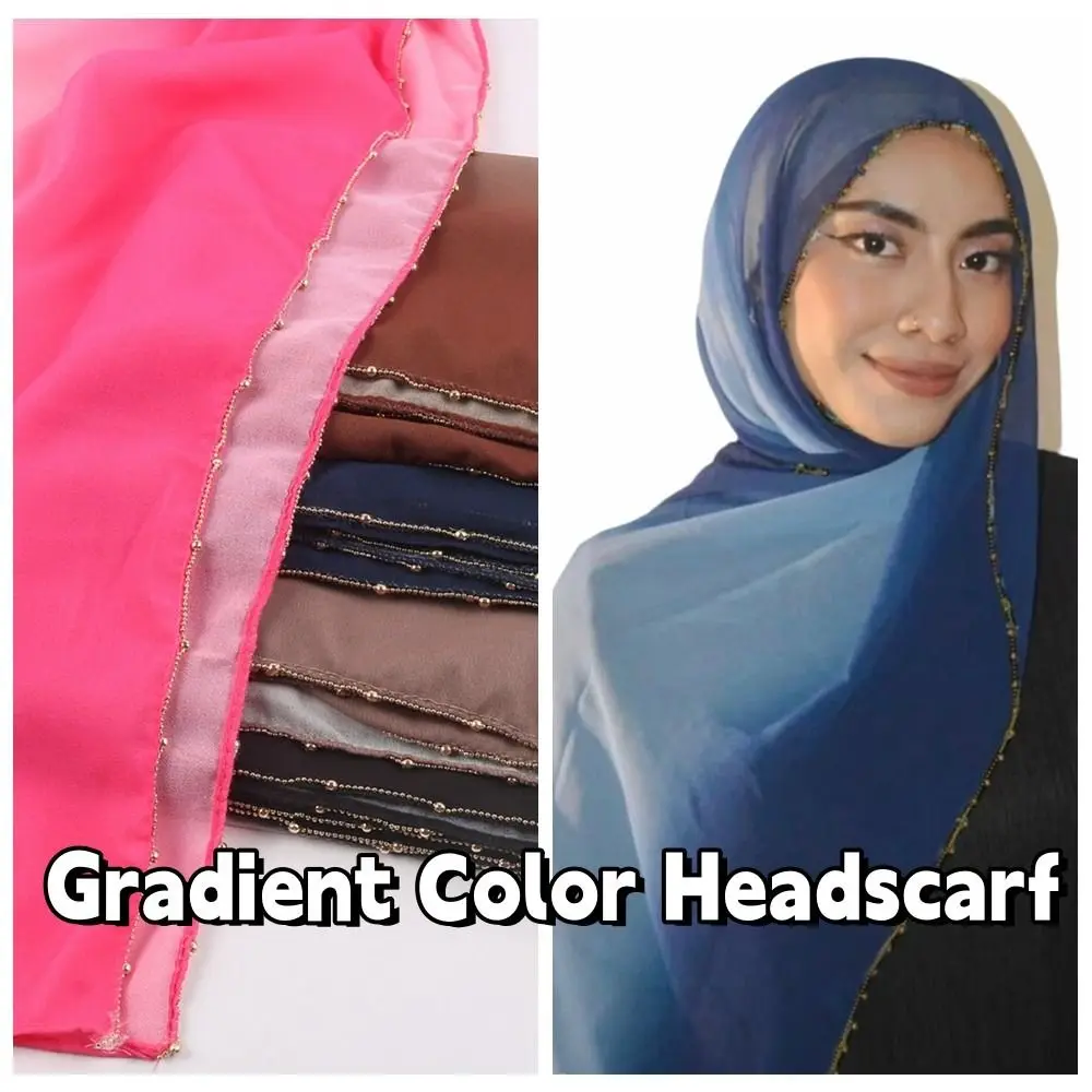 

Luxury Gradient Double Colors Ethnic Style Scarf Beads Chain Gold Bead Islamic Turban Thin Bandana Headscarf Party