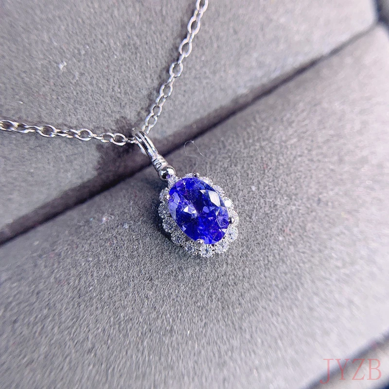 New stylish colored stone pendant necklace dazzling natural Tanzanite sterling silver temperament  jewelry 6*8mm