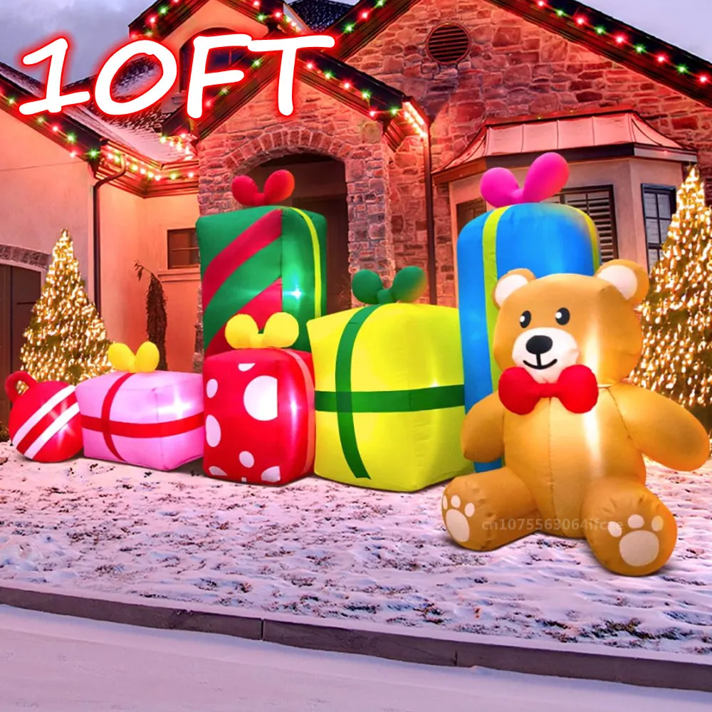 

10FT/3M Christmas Inflatables Bear And Six Gift Boxes Built-in LED Lights Outdoor Decorations Xmas Yard Decorations for Lawn