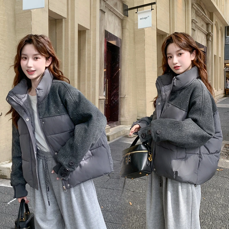 

2025 Winter New Thickened Splicing sequined Stand up Collar Cotton Jackets Women Retro Warm Fashionable Short Jacket