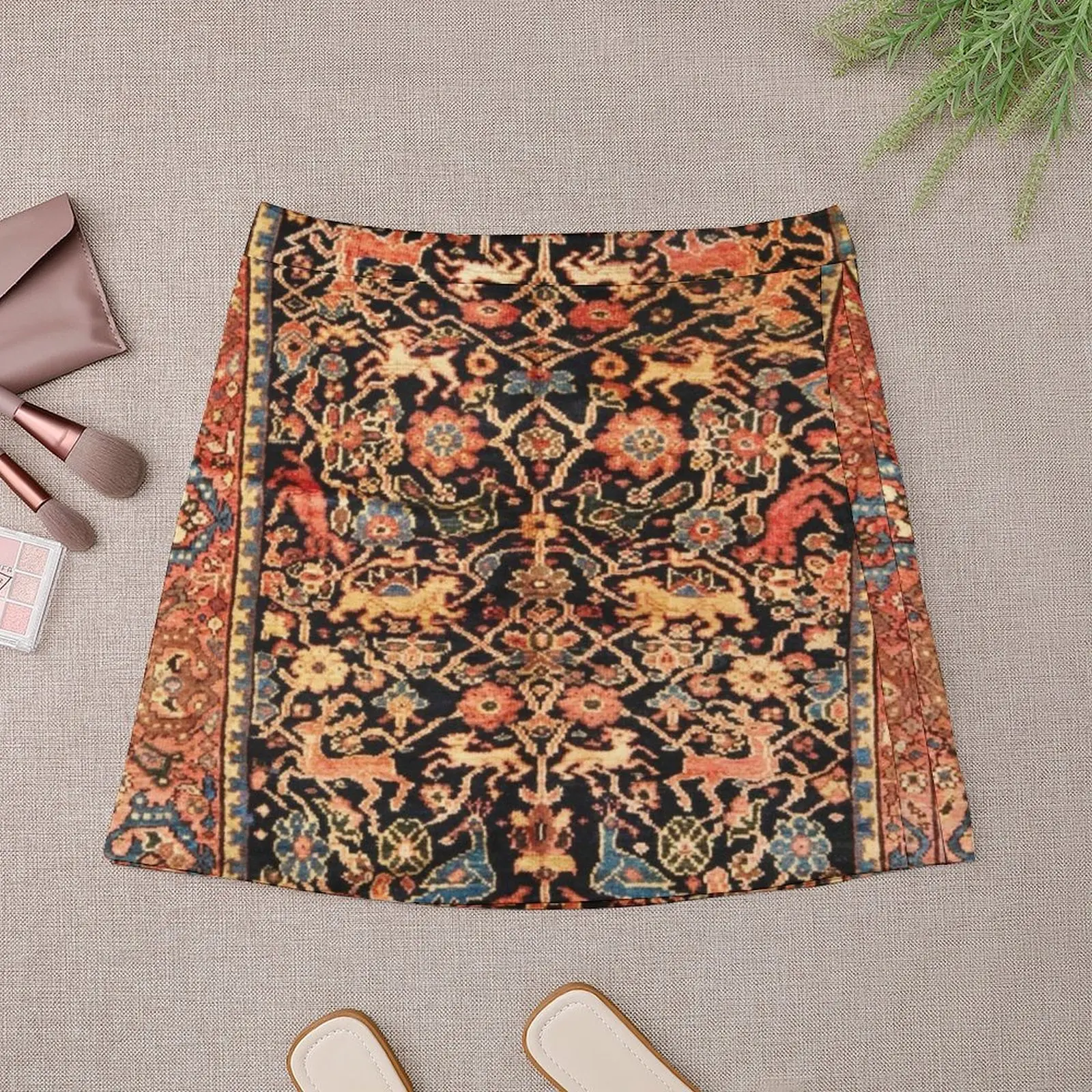 Antique Persian Feraghan Vase Rug with Animals Print Mini Skirt cute skirt japanese fashion Mini Skirt