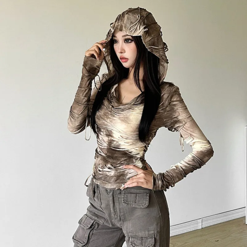 ANJY Spring Autumn New Women Waste Land Style Slim Fit Hooded Gradient Elegant Ruched Fashion High Street Long Sleeve Top A22263