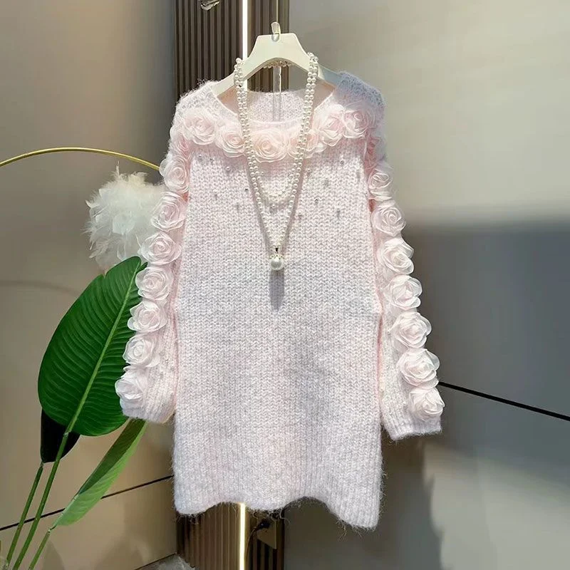 Lagenlook Knitted Hollow Rose Oversized Long Sleeve  Women's Dress Autumn Winter New Style Casual Comfortable Maxi Dres