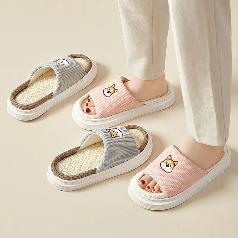 Platform Slippers Women Home Cartoon Animals Cute Designer Shoes Girls 2024 New Casual House Linen Slides Flats Indoor Open Toe