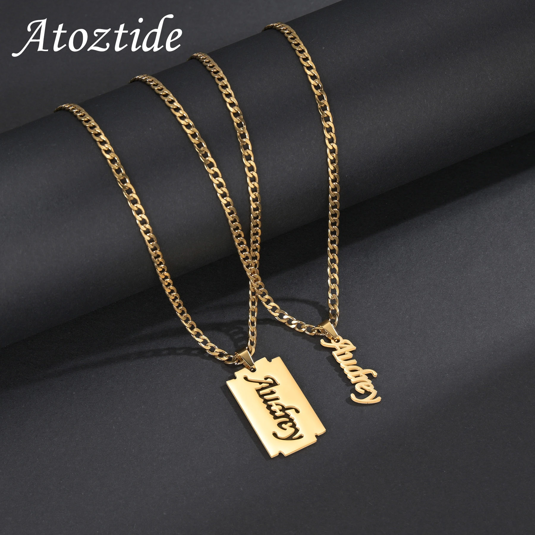 Atoztide Custom Name Pendant Necklace Stainless Steel Personalized Hollow Nameplate for Women Chain Elegant Love Jewelry Gift