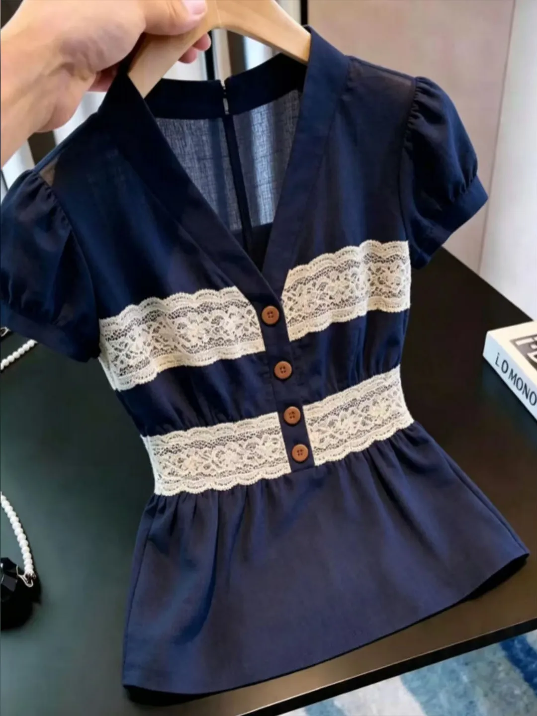 

Elegant Lace Patchwork V-Neck Short Sleeve Top Age-Defying Summer Shirt Korean Style Commute Fashion Straight Cut Basic Crew ...