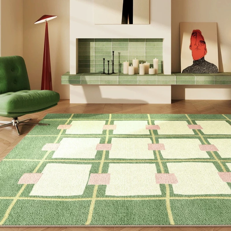 Retro Style Bauhaus Carpets for Living Room Light Luxury Bedroom Decor Carpet Green Grid Bedside Plush Rug Home Thick Floor Mat