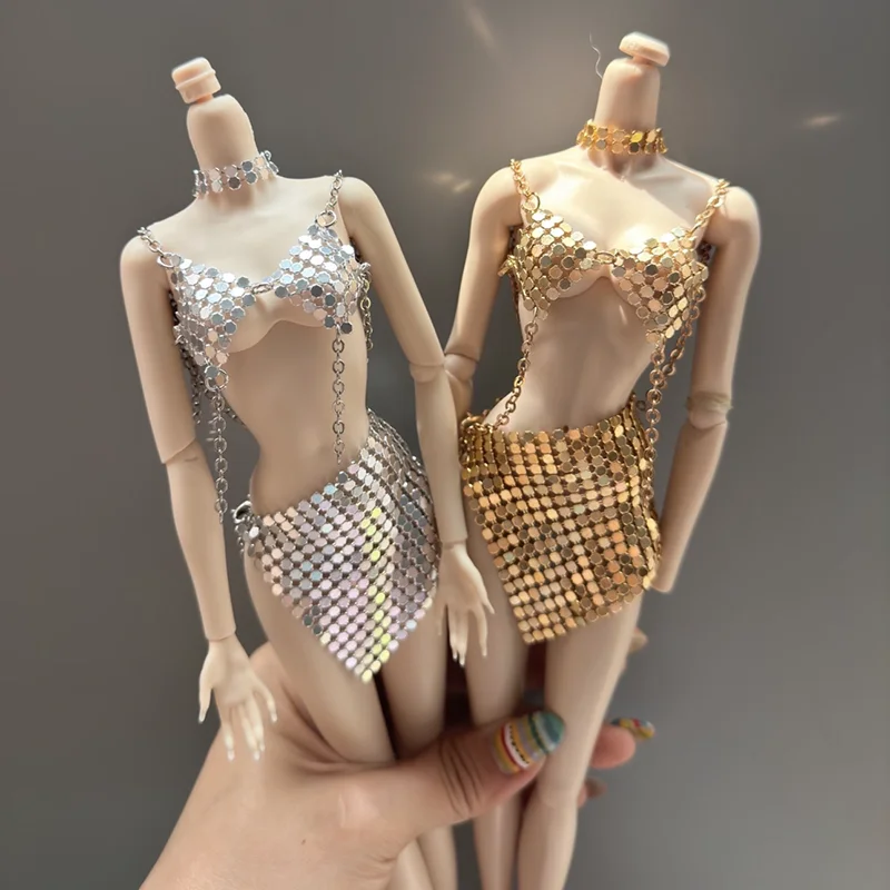 Fashions Personality Metal Sequin Clothes+ Cool Earrings+Necklace Set For 1/6 FR Babi Supermodel Doll Dress Up Clothes Parts